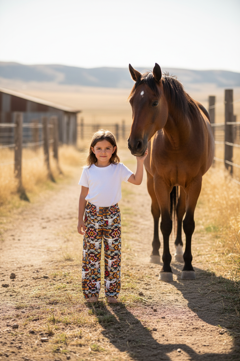 Southwestern Cattle Kids Lounge Pants – Rustic Aztec Ranch Print